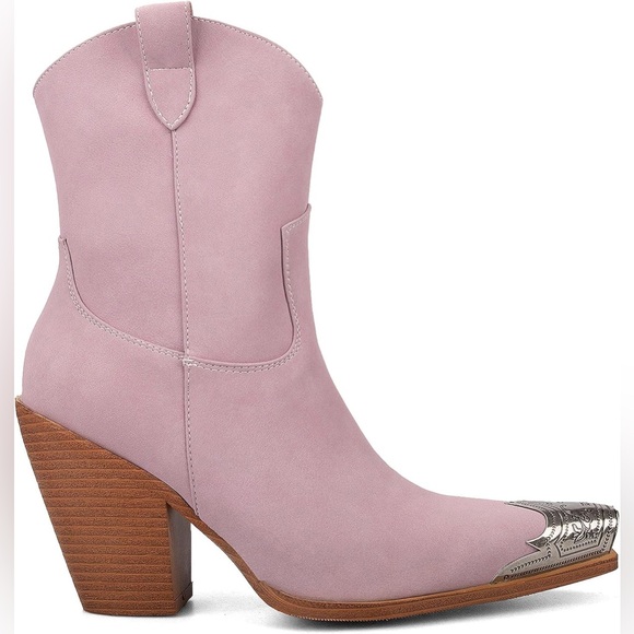 Hoan Tiai Lilac Engraved Metal Toe Cowboy Ankle Boots Block Heel Size 7 New - Picture 4 of 12